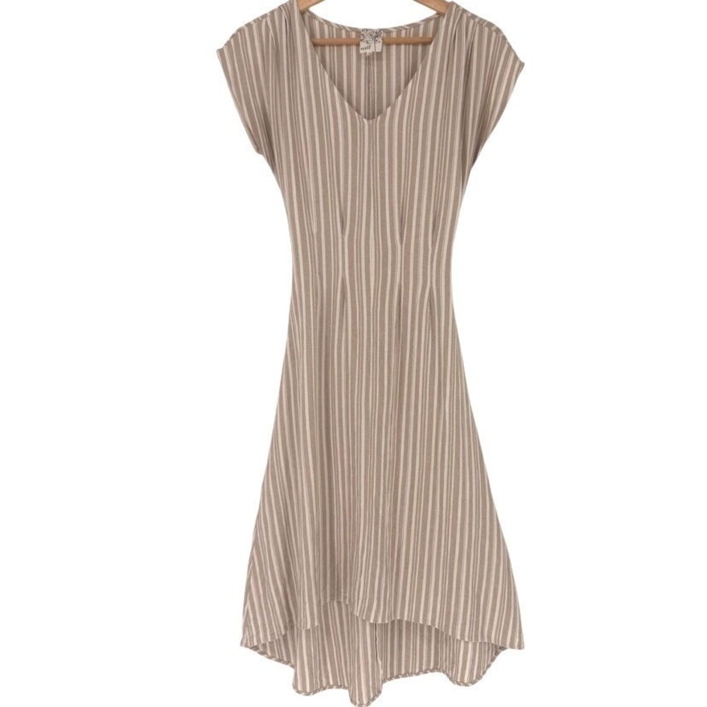 Tan Cream Striped‎ High-Low Linen Blend Dress Tie Back Small Lagenlook Coastal